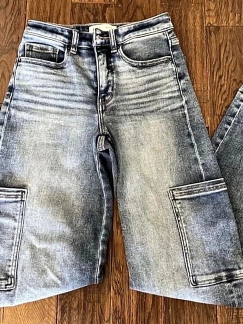 BKE Women’s Billie High Rise Slim Straight Cargo Jeans Blue Light Wash Stretch S